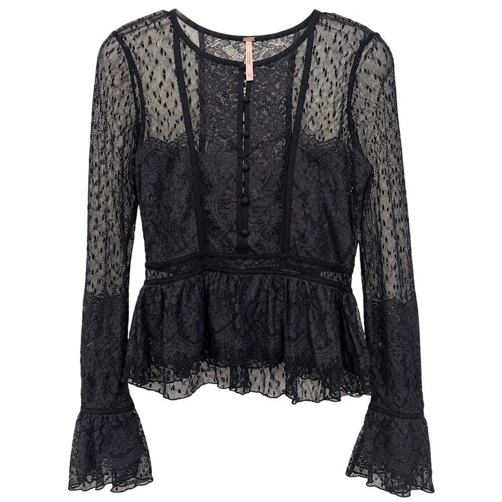 Free People Penelope Blouse Black Lace Mesh Swiss Dot Peplum Top XS